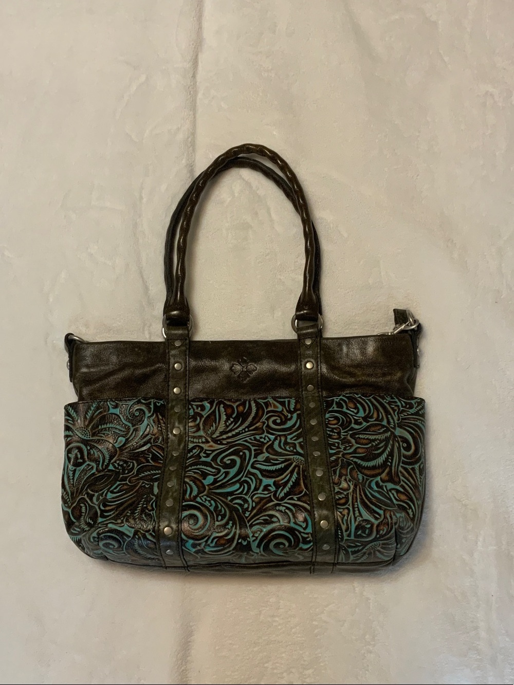 PATRICIA NASH BROWN & TURQUOISE EMBOSSED LEATHER TOTE WITH STUD ACCENTS